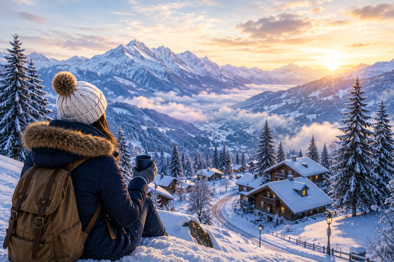 First-time traveler enjoying a scenic snow-covered mountain landscape with pine forests, cozy cabins, and majestic winter peaks at sunrise.