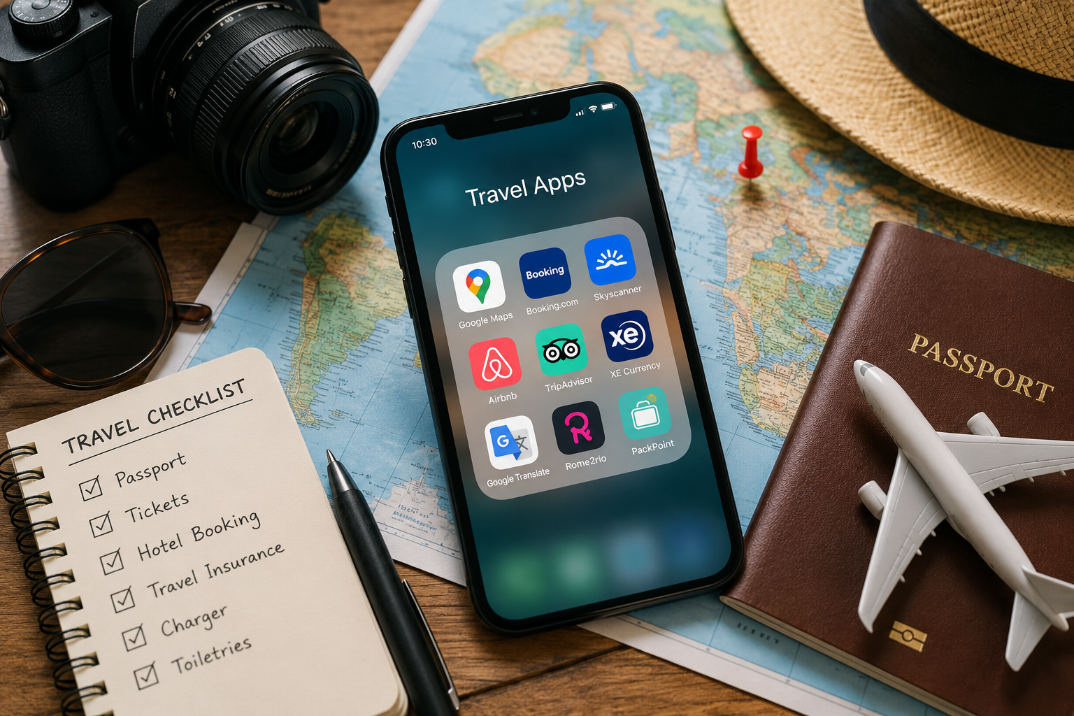Smartphone displaying essential travel apps alongside a passport, world map, travel checklist, camera, and airplane model, representing digital tools for planning and enjoying a trip.