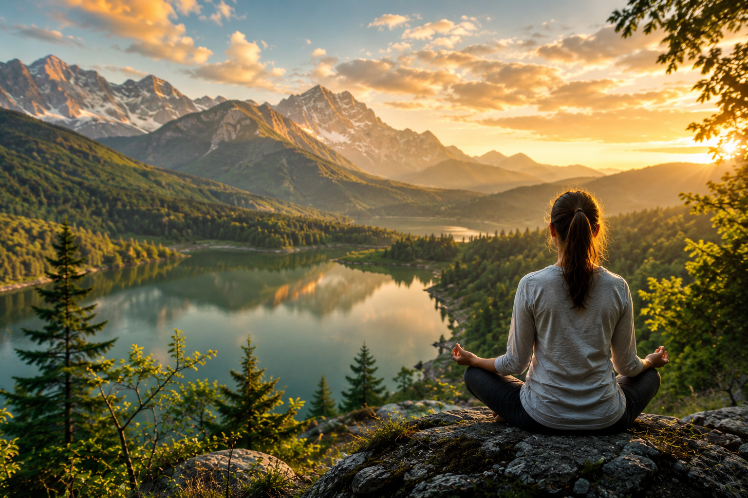 Person meditating on a rocky cliff overlooking a serene mountain lake surrounded by lush forests during golden hour, representing the positive impact of nature on mental health and emotional well-being.